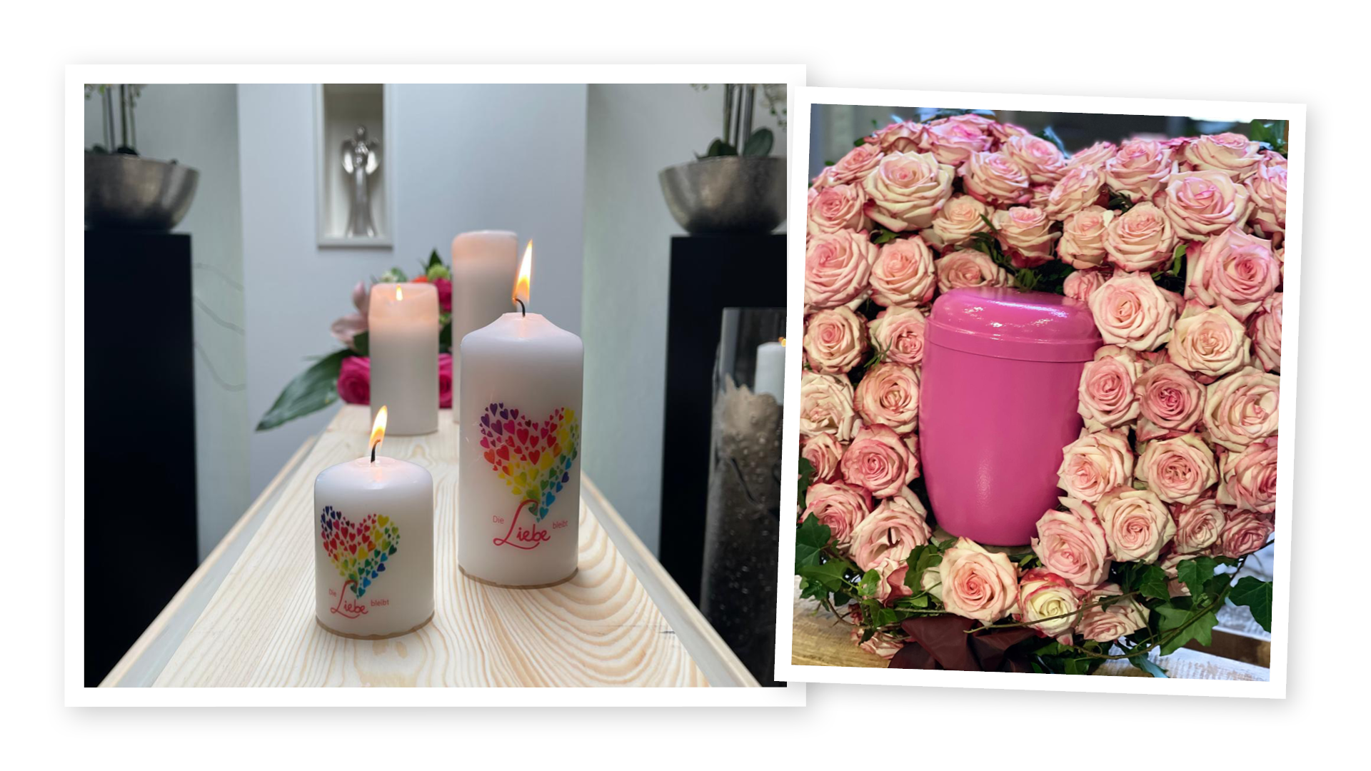 Auf einem Sarg stehen weiße Kerzen mit regebogenfarbenen Herzen, daneben ein Herz aus rosafarbenen Rosen, in das eine pinkfarbene Urne gebettet ist
