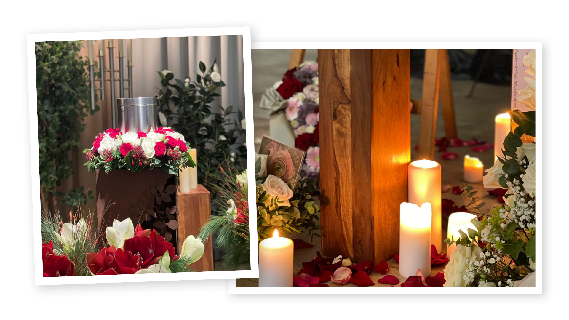 Trauerfeierdekoration von Benedict Bestattungen: Eine silberne Metallurne steht auf einer Stele, umrahmt von roten und weißen Blumen; daneben eine Detailaufnahme von einer Holzstele mit brennenden Kerzen, hellen Blumen und roten Blütenblättern