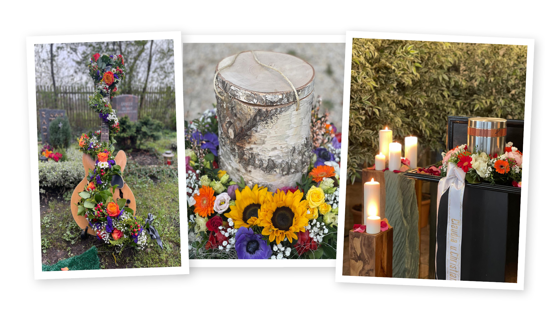 Drei Eindrücke für Trauerfeier-Gestaltungen von Benedict Bestattungen, die im Freien stattfanden: Eine mit rankenden Blumen geschmückte Akustikgitarre, eine Urne aus Birkenholz, die in einem bunten Blumenkranz steht und eine Dekoration mit Kerzen, die vor einer grünen Hecke platziert ist