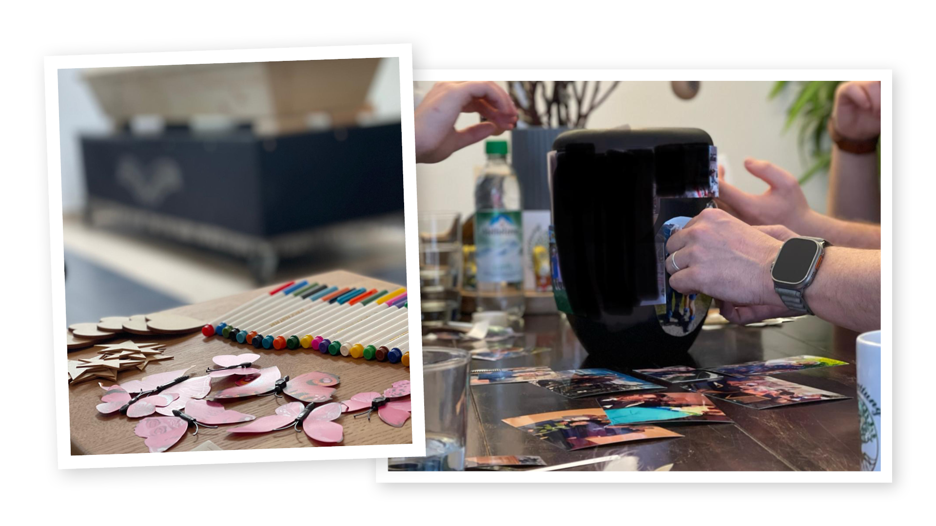 Kreative Sarg- und Urnengestaltung bei Benedict Bestattungen: auf einem Tisch vor einem Sarg liegen Papierschmetterlinge, Holzherzen und Stifte zum Bemalen; daneben sieht man Menschen an einem Tisch sitzen, die dabei sind, eine schwarze Urne mit Fotos zu bekleben