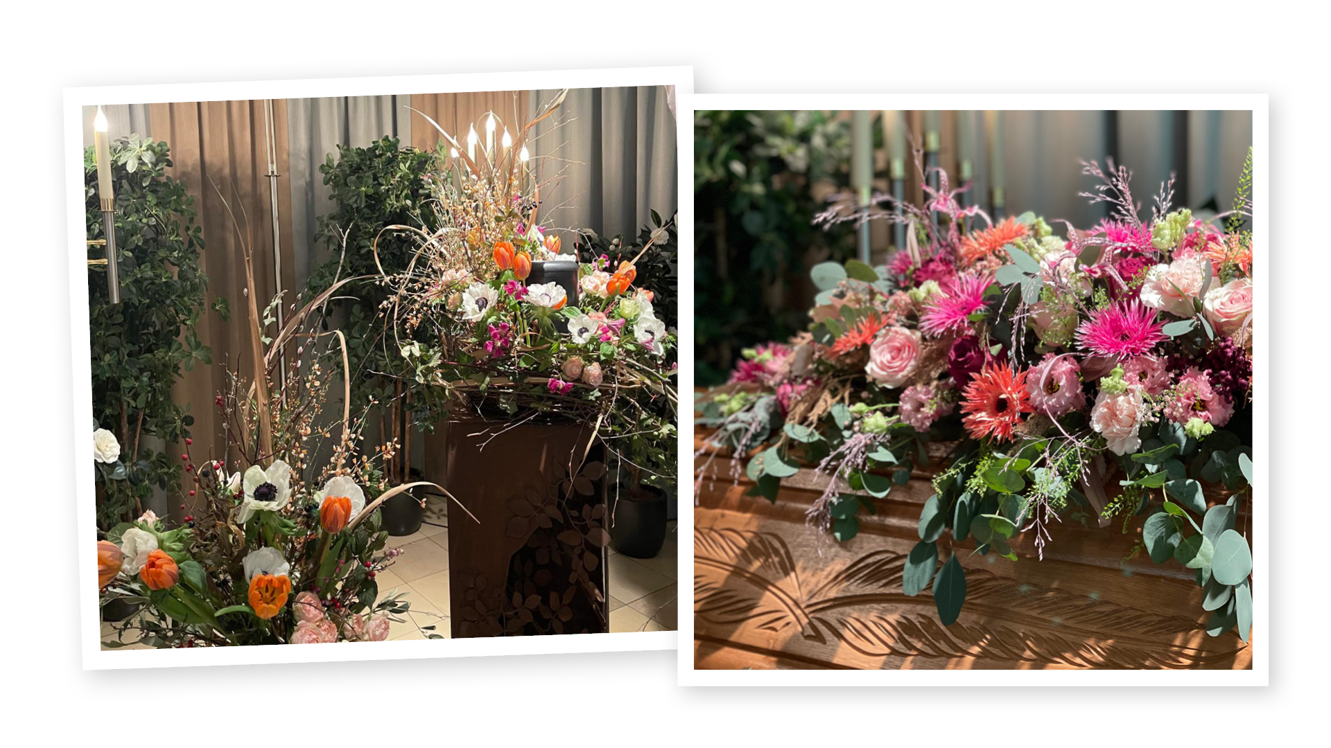 Wunderschöne Trauerfeierdekoration bei Benedict Bestattungen: Eine Urne steht in einer Trauerhalle auf einer Stele, umrahmt von üppigem Blumenschmuck aus weißen Anemonen und orangefarbenen Tulpen; daneben ein Sargbouquet aus verschiedenen Blumen in Beerenfarben